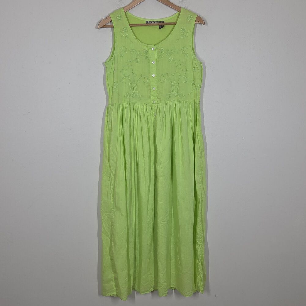 Vtg Y2K Jane Ashley Lime Green Embroidered Woven Cotton Midi Dress M Boho Modest